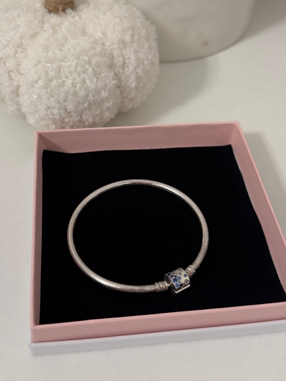Pandora Limited Collection Sterling Silver Bangle Bracelet with Blue Accent Char